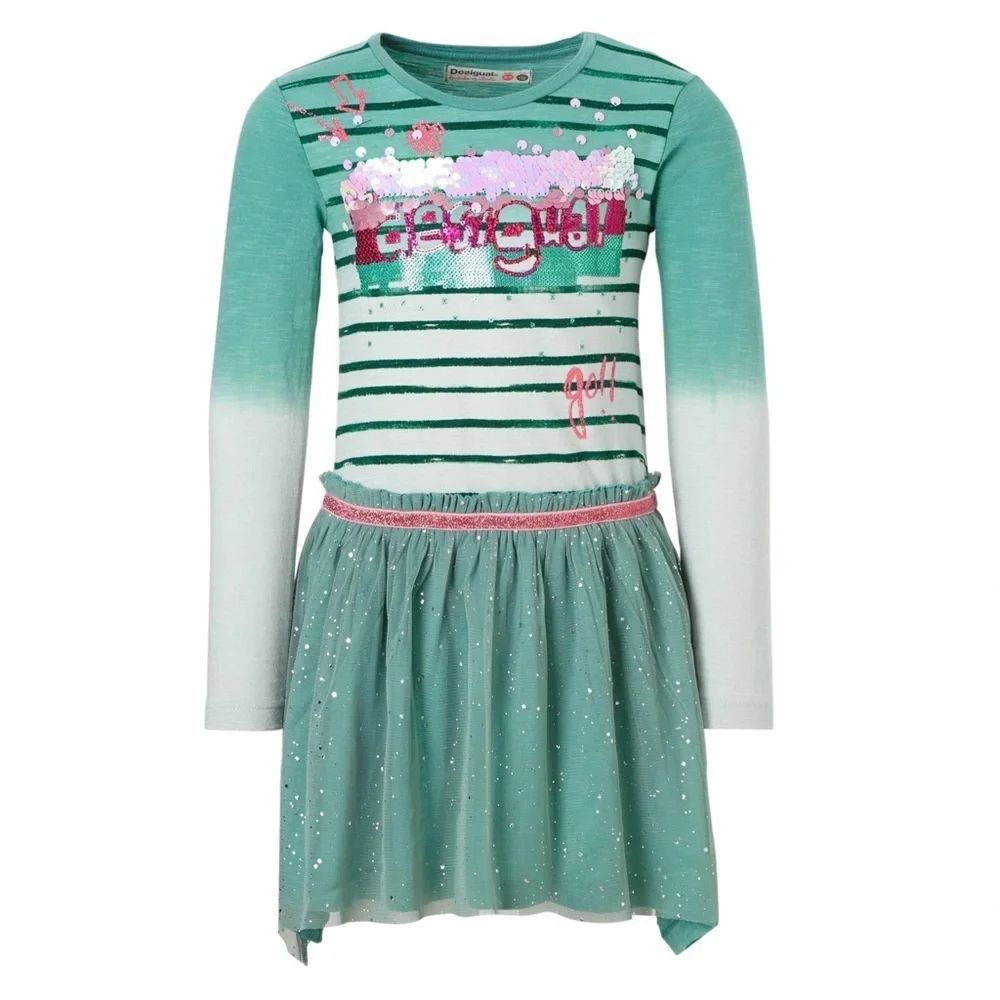 Desigual Girls Kids Dress Teal Green Striped Tulle Skirt Sparkles Long Sleeve
